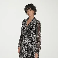Marc New York Womens Long Sleeve Animal Midi Fit + Flare Dress