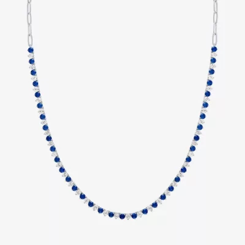 Womens Blue Sapphire Sterling Silver 16 Inch Tennis Necklace