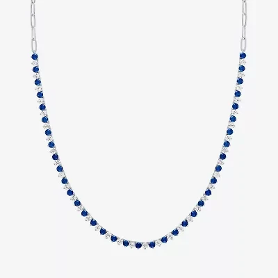 Womens Blue Sapphire Sterling Silver 16 Inch Tennis Necklace
