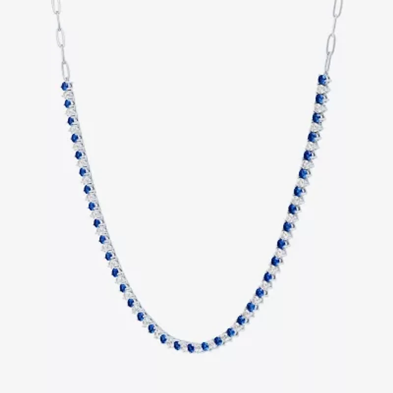Womens Blue Sapphire Sterling Silver 16 Inch Tennis Necklace