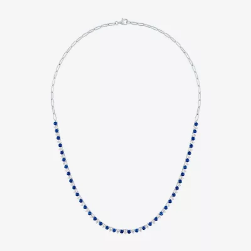 Womens Blue Sapphire Sterling Silver 16 Inch Tennis Necklace