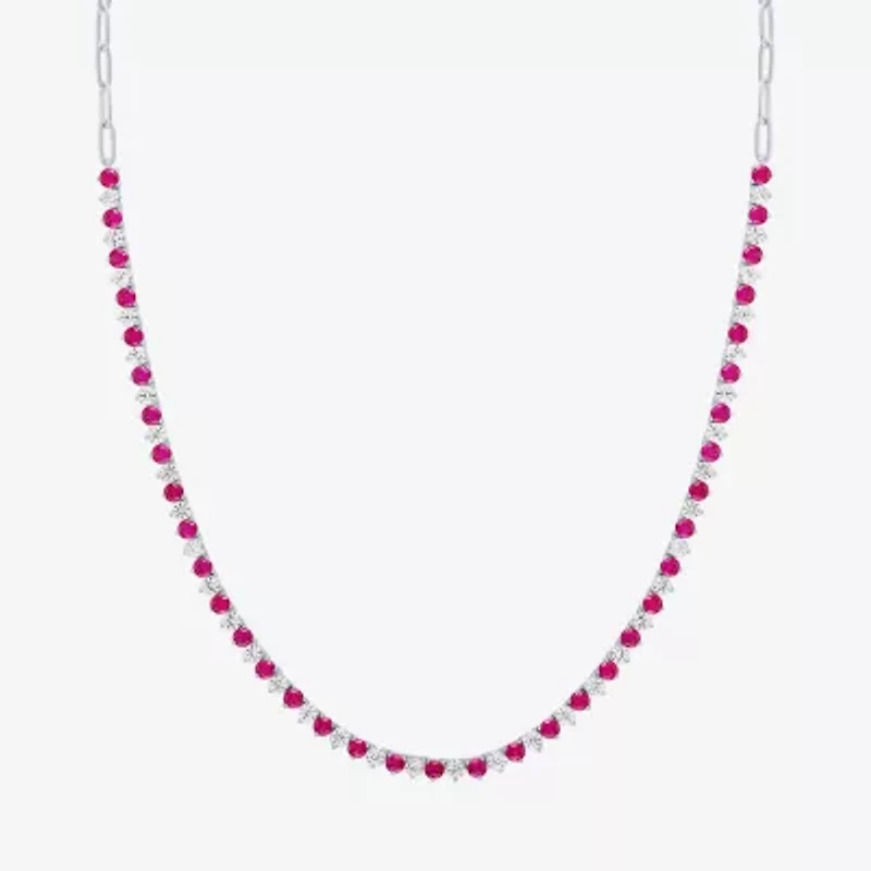 Womens Red Ruby Sterling Silver 18 Inch Tennis Necklace