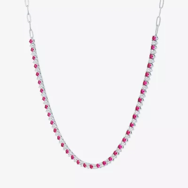Womens Red Ruby Sterling Silver 18 Inch Tennis Necklace