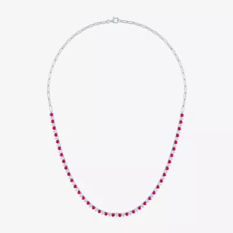 Womens Red Ruby Sterling Silver 18 Inch Tennis Necklace