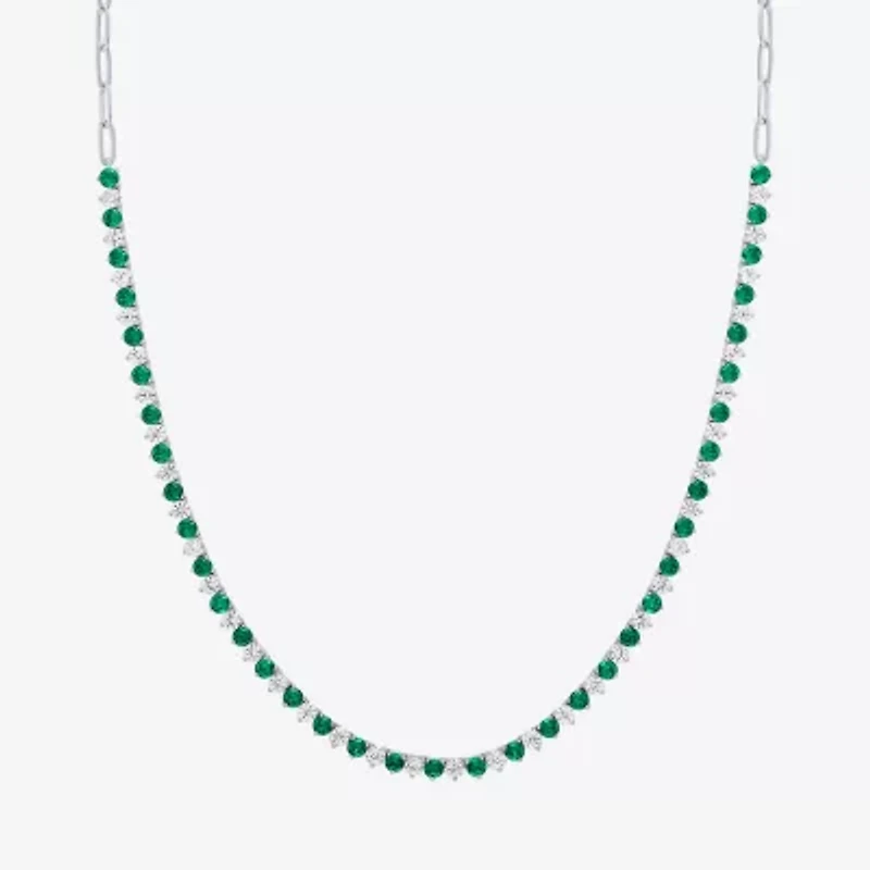 Womens Green Emerald Sterling Silver 18 Inch Tennis Necklace