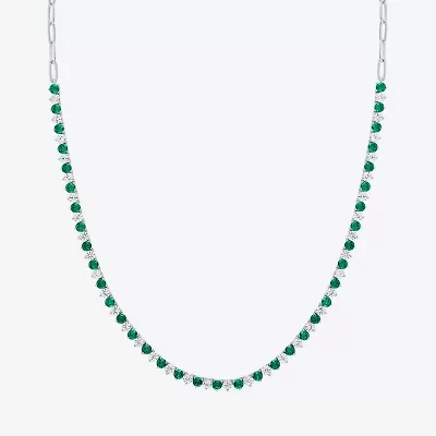 Womens Green Emerald Sterling Silver 18 Inch Tennis Necklace