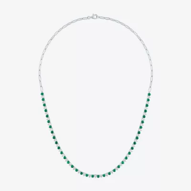 Womens Green Emerald Sterling Silver 18 Inch Tennis Necklace