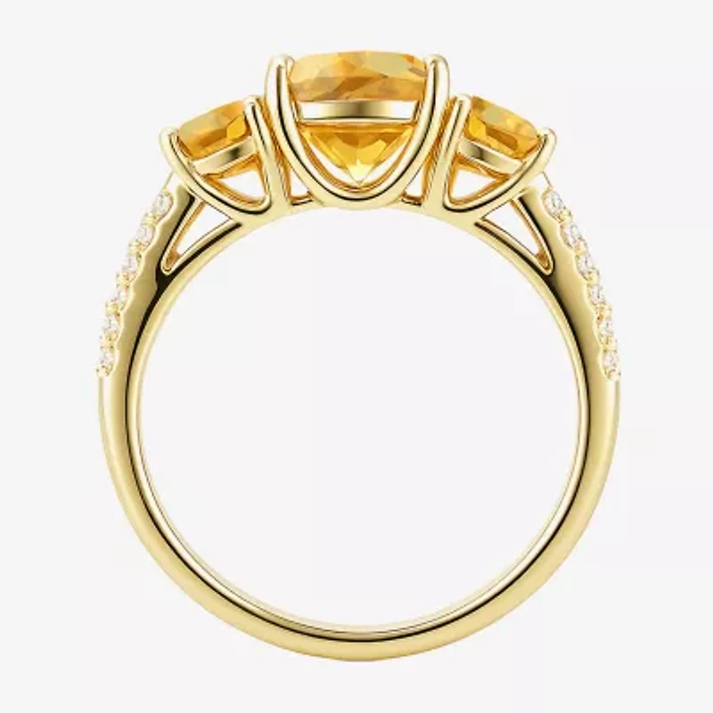 Womens Genuine Yellow Citrine 14K Gold Over Silver Cushion Side Stone Cocktail Ring
