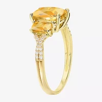 Womens Genuine Yellow Citrine 14K Gold Over Silver Cushion Side Stone Cocktail Ring