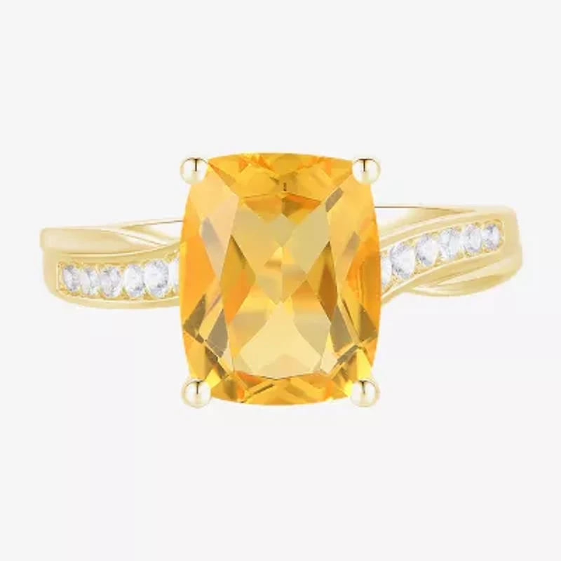 Womens Genuine Yellow Citrine 14K Gold Over Silver Cushion Side Stone Cocktail Ring