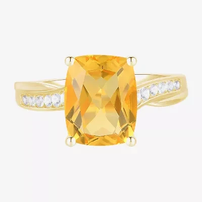 Womens Genuine Yellow Citrine 14K Gold Over Silver Cushion Side Stone Cocktail Ring
