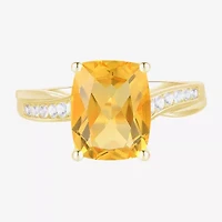 Womens Genuine Yellow Citrine 14K Gold Over Silver Cushion Side Stone Cocktail Ring