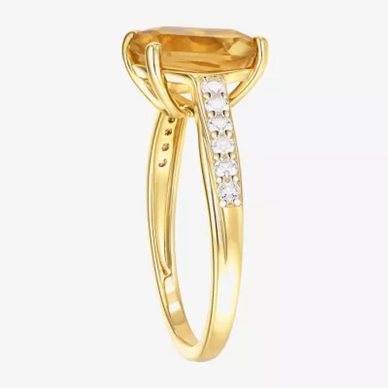 Womens Genuine Yellow Citrine 14K Gold Over Silver Cushion Side Stone Cocktail Ring