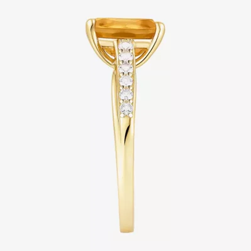 Womens Genuine Yellow Citrine 14K Gold Over Silver Cushion Side Stone Cocktail Ring