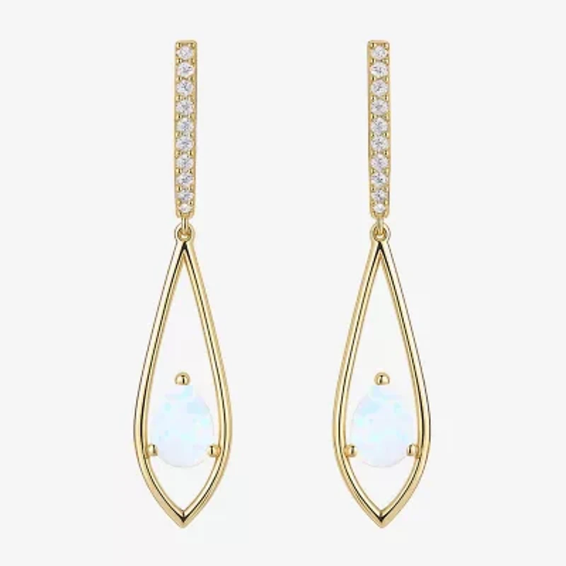 Womens Lab Created White Opal 14K Gold Over Silver Pear Round Drop Earrings