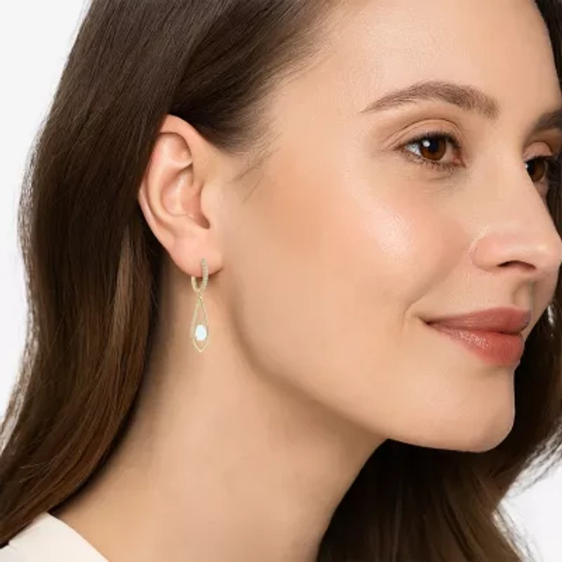 Womens Lab Created White Opal 14K Gold Over Silver Pear Round Drop Earrings