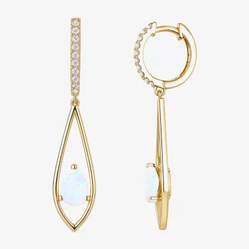 Womens Lab Created White Opal 14K Gold Over Silver Pear Round Drop Earrings