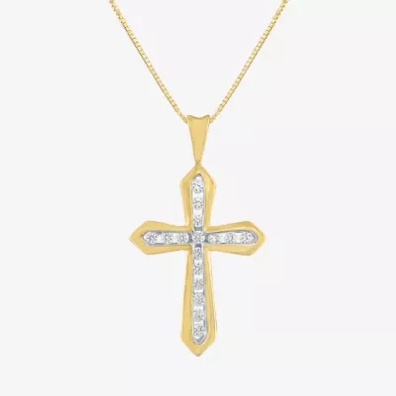 (G-H Womens 1/3 CT. T.W. Lab Grown White Diamond 10K Gold Cross 16 Inch Pendant Necklace