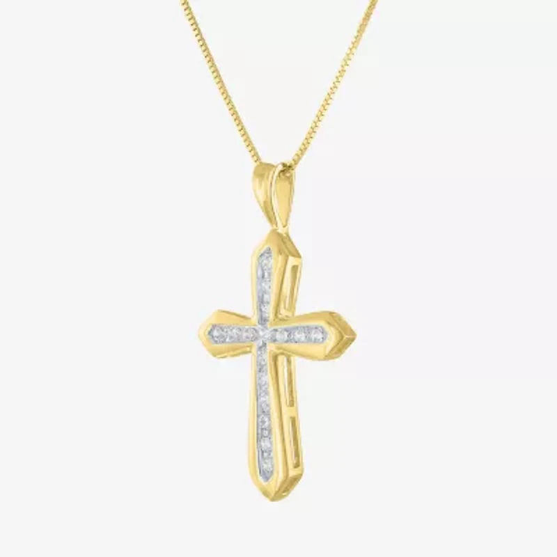 (G-H Womens 1/3 CT. T.W. Lab Grown White Diamond 10K Gold Cross 16 Inch Pendant Necklace
