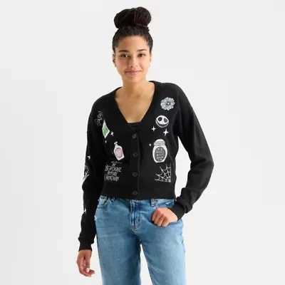 Tim Burton'S Nightmare Before Christmas Cardigan Womens V Neck Long Sleeve Button Juniors