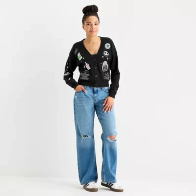 Tim Burton'S Nightmare Before Christmas Cardigan Womens V Neck Long Sleeve Button Juniors