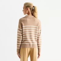 Stylus Womens Johnny Collar Long Sleeve Striped Pullover Sweater