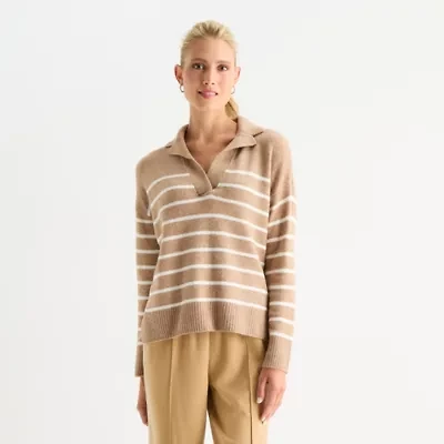 Stylus Womens Johnny Collar Long Sleeve Striped Pullover Sweater