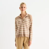 Stylus Womens Johnny Collar Long Sleeve Striped Pullover Sweater