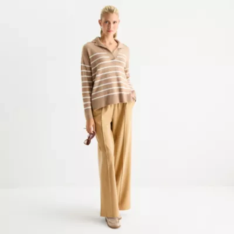 Stylus Womens Johnny Collar Long Sleeve Striped Pullover Sweater