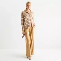 Stylus Womens Johnny Collar Long Sleeve Striped Pullover Sweater