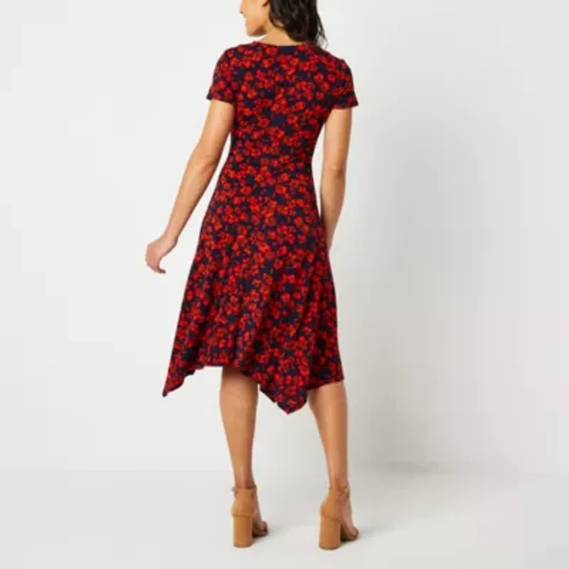 Perceptions Womens Short Sleeve Floral Midi Fit + Flare Dress