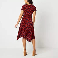 Perceptions Womens Short Sleeve Floral Midi Fit + Flare Dress