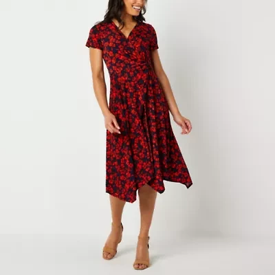 Perceptions Womens Short Sleeve Floral Midi Fit + Flare Dress