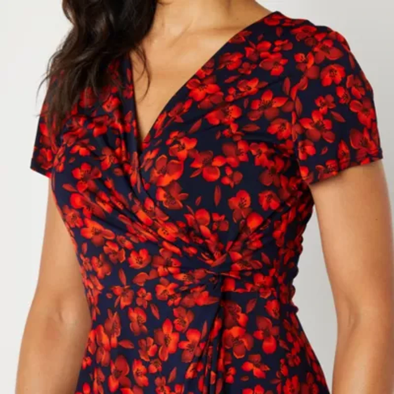 Perceptions Womens Short Sleeve Floral Midi Fit + Flare Dress