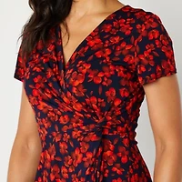 Perceptions Womens Short Sleeve Floral Midi Fit + Flare Dress