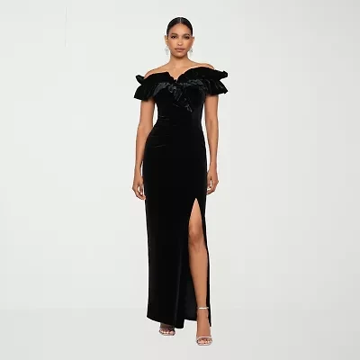 DJ Jaz Womens Off The Shoulder Short Sleeve Velvet Evening Gown