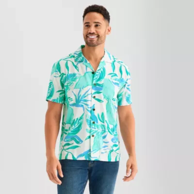 St. John's Bay Slub Button-Down Mens Short Sleeve Camp Shirt