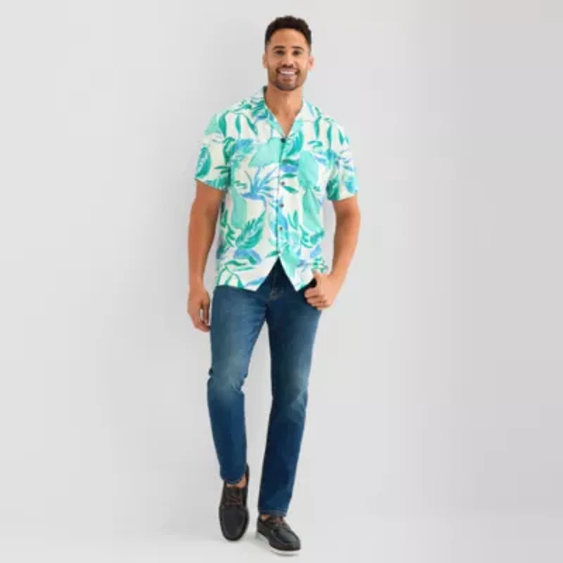 St. John's Bay Slub Button-Down Mens Short Sleeve Camp Shirt