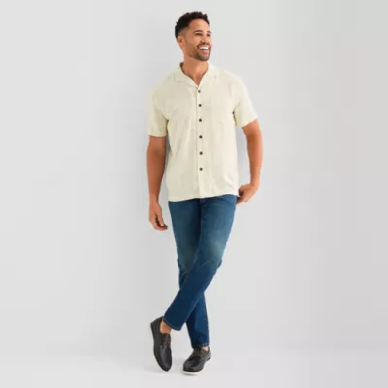 St. John's Bay Slub Button-Down Mens Short Sleeve Camp Shirt