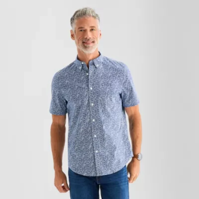 St. John's Bay Stretch Poplin Mens Short Sleeve Classic Fit Button-Down Shirt