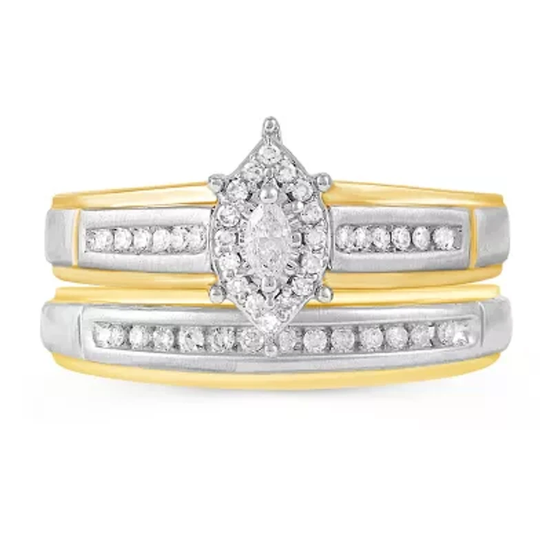 Womens 1/4 CT. T.W. Natural Diamond 10K Gold Marquise Side Stone Halo Bridal Set