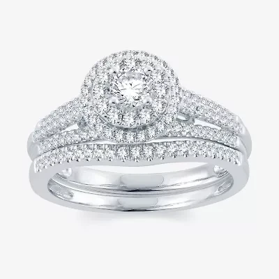Signature By Modern Bride Womens 3/4 CT. T.W. Natural White Diamond 14K Gold Round Halo Bridal Set