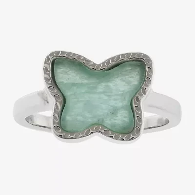 Silver Treasures Genuine Stone Womens Green Amazonite Sterling Butterfly Delicate Band