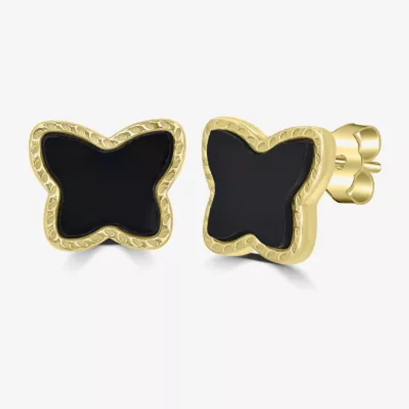 Silver Treasures Genuine Stone Black Onyx 14K Gold Over Silver 10mm Butterfly Stud Earrings