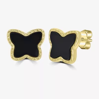 Silver Treasures Genuine Stone Black Onyx 14K Gold Over Silver 10mm Butterfly Stud Earrings