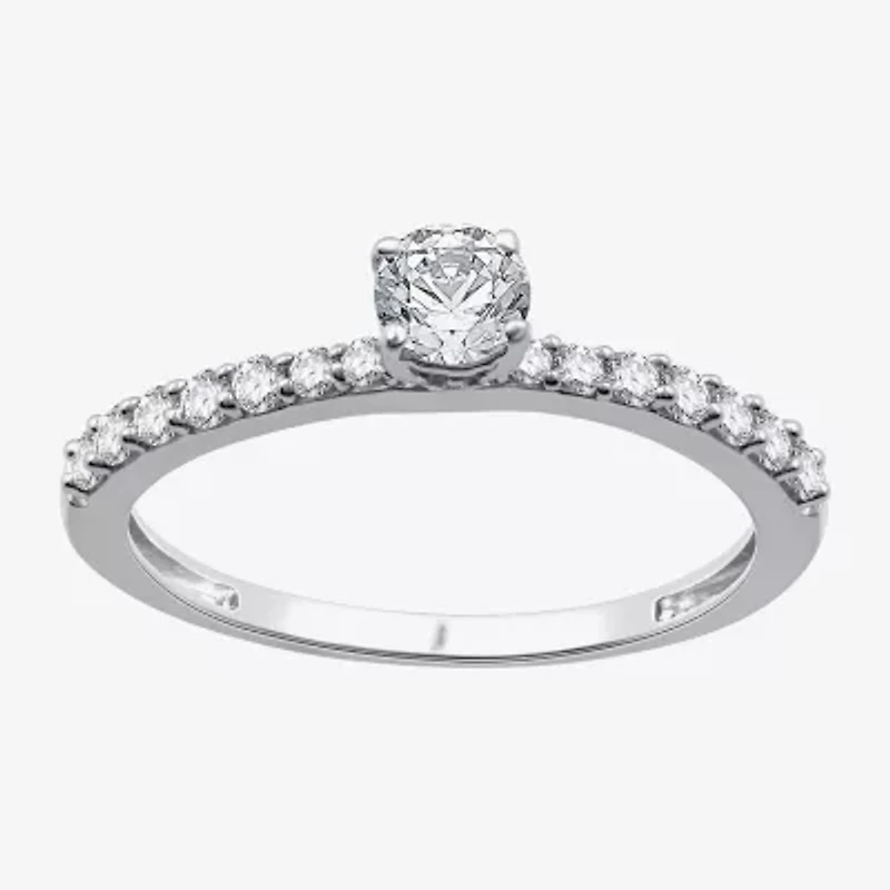 (G / Si1-Si2) Womens 1/2 CT. T.W. Lab Grown White Diamond 10K Gold Round Side Stone Engagement Ring