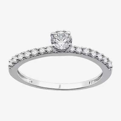 (G / Si1-Si2) Womens 1/2 CT. T.W. Lab Grown White Diamond 10K Gold Round Side Stone Engagement Ring
