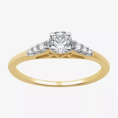 G / Si1-Si2) Womens 1/2 CT. T.W. Lab Grown White Diamond 10K Gold Round Side Stone Engagement Ring