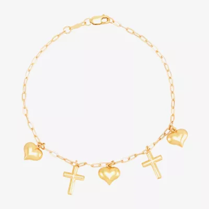 Gold Addiction Womens 10K Gold Cross Heart Charm Bracelet