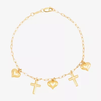 Gold Addiction Womens 10K Gold Cross Heart Charm Bracelet